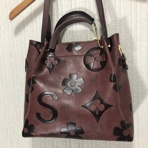 Designer Inspired Tote Handbag Burgundy Black Floral Monogram Shoulder Bag
